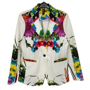 Berek Womens Blazer L White Floral Print Single Button Jacket Scuba Blazer - CJ